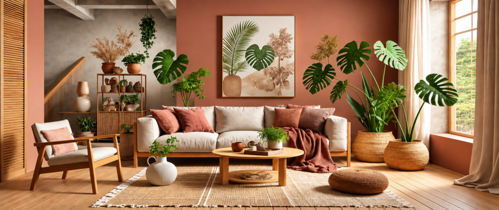 Salon bohème terracotta et plantes tropicales